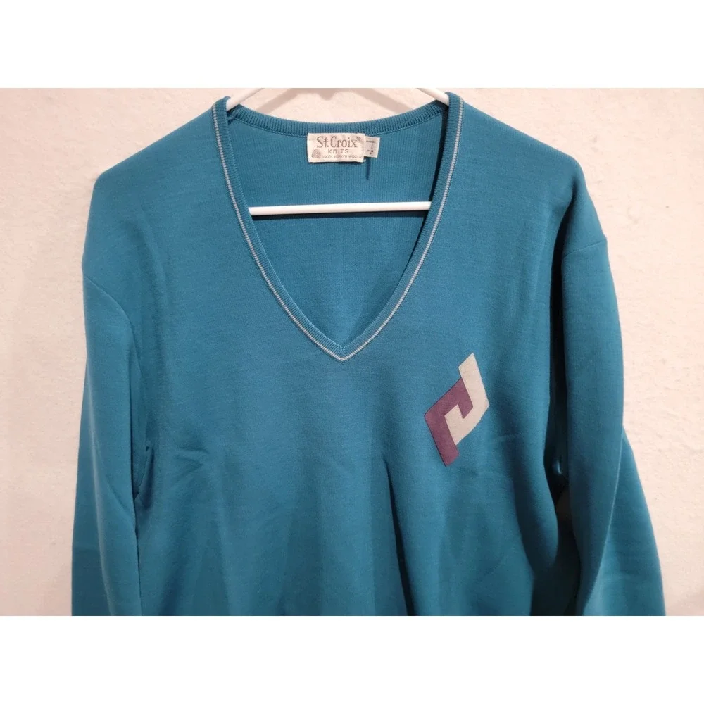 VTG 90s St. Croix Knits Men L V-Neck Sweater 100% Zephyr Wool Teal Blue USA Made
